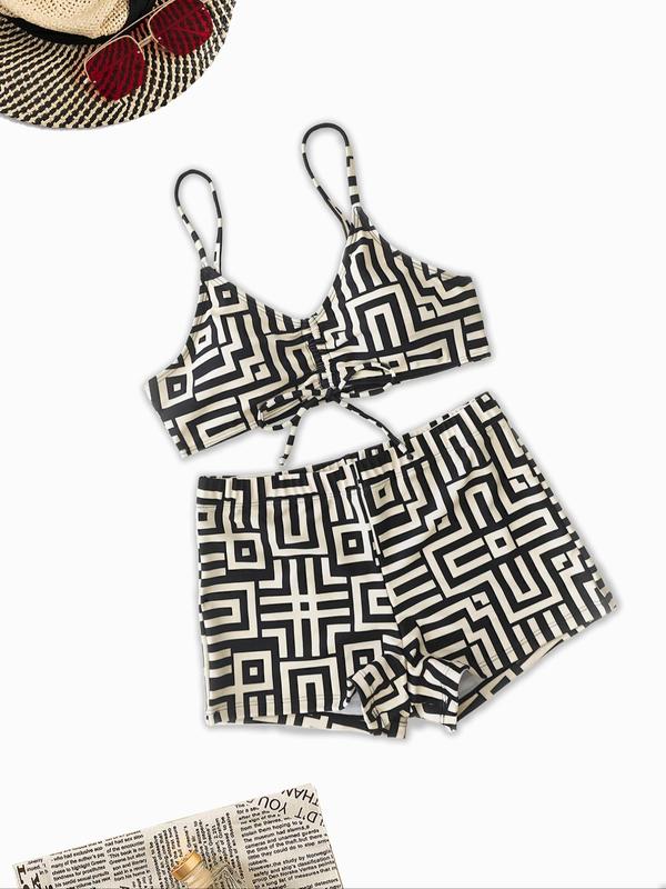 Three-piece Set Women's All Over Geometric Print Bikini Set, Casual Drawstring Swim Top & Elastic Waist Swim Bottom &  Cover Up Set, Fashion Women's Swimwear for Beach Holiday Vacation