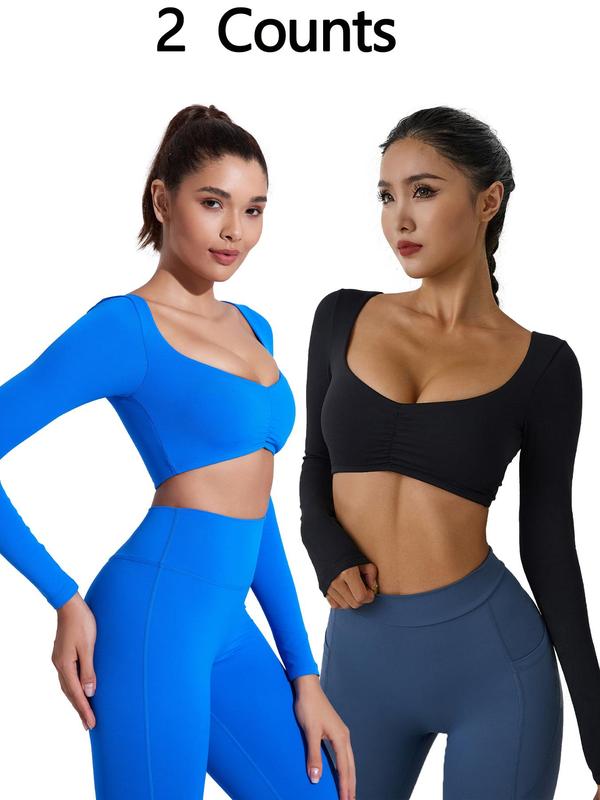 Women's Solid Ruched Scoop Neck Crop Sports Tee, Sporty Long Sleeve T-shirt for Yoga Gym Workout, Ladies Sportswear for Spring & Fall