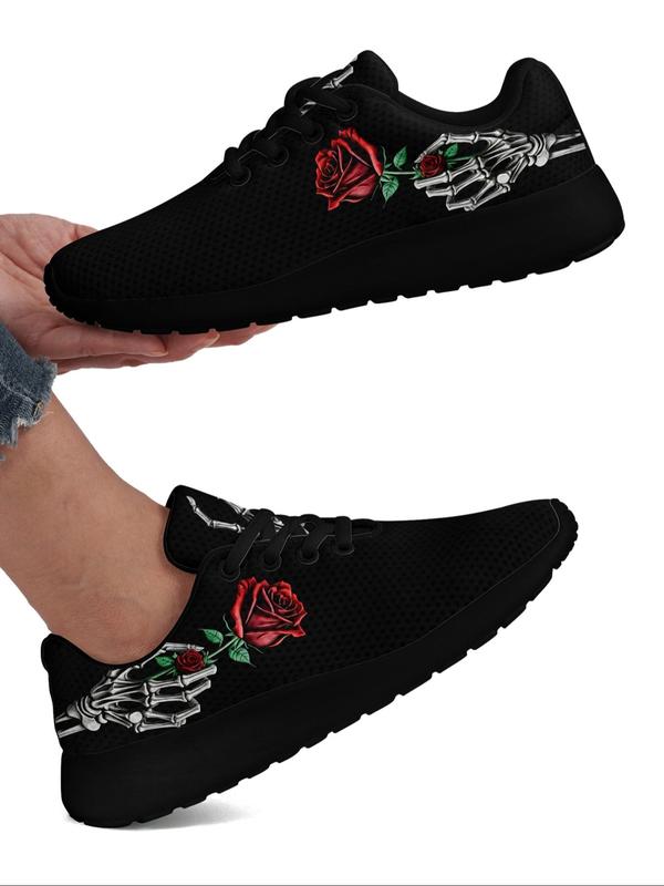 Women's Rose Skull Hand Bone Print Low Top Sneakers, Sports Running Shoes, Slip Resistant, Shock Absorbing, Breathable, Available in Large Size