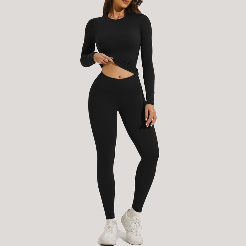 Women's Long Sleeve Crop Top and Skinny Leggings Tracksuit Set for Yoga Gymwear Workout in All Seasons