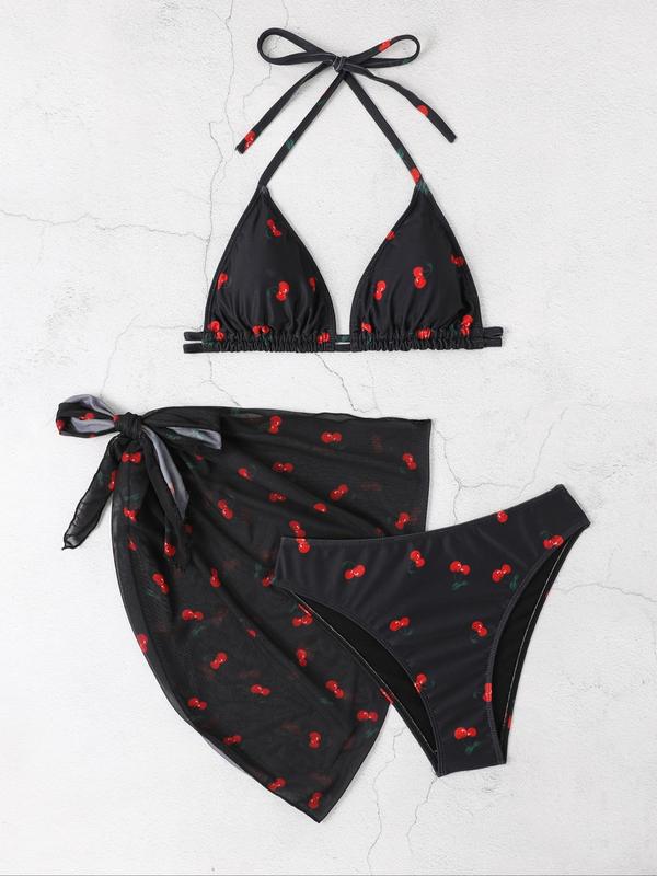 Women's Cherry Print Tie Back Bikini Swimsuit Set, Triangle Halter Swim Top & High Cut Swim Bottom & Cover Up Skirt Set, Casual Summer Swimwear