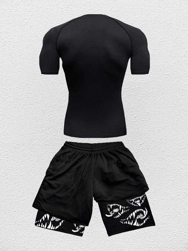 Sporty Two-piece Set Men's Graphic Print Tee & 2-in-1 Drawstring Waist Shorts Tracksuit Set, Regular Fit Sport Round Neck Raglan Sleeve T-shirt & Elastic Waist Shorts, Men's Outfits for Gym Workout Running, Fall Outfits, Fall Freshness, Jogging Suit Set