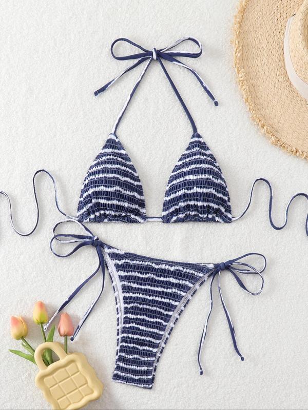 Two-piece Set Women's Striped Print Shirred Tie Back Bikinis Set, Casual Halter Triangle Swim Bra & Tie Side Swim Panty, Summer Beach Holiday Vacation Swimwear