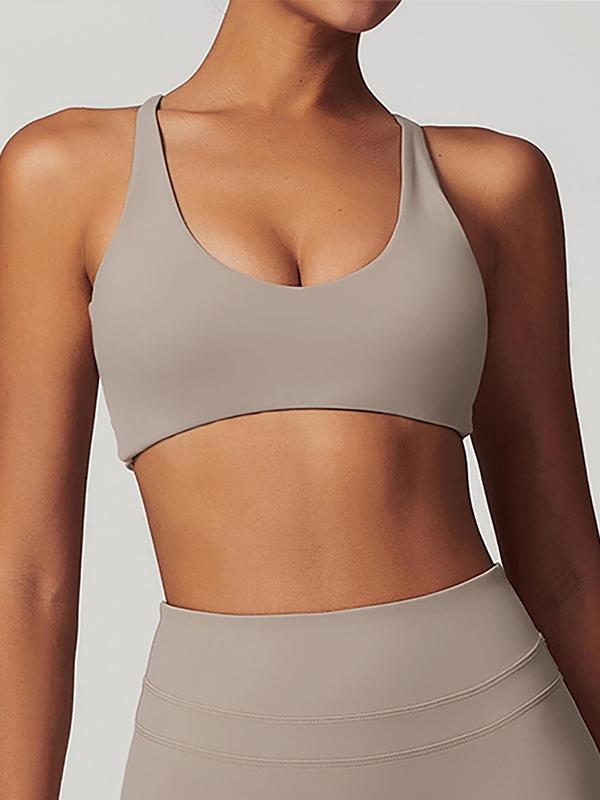 Women's Solid Criss Cross Backless Sports Bra, Breathable Comfortable High Stretch Sports Bra, Ladies Sportswear for Indoor Outdoor Wear