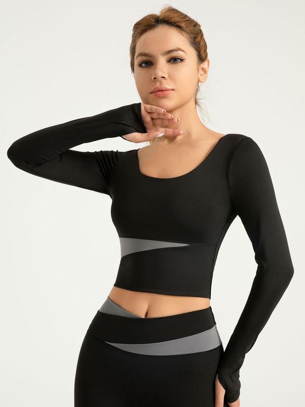 Women's Colorblock Scoop Neck Crop Sports Tee, Sporty Long Sleeve Skinny T-shirt for Yoga Gym Workout Running, Ladies Sportswear for All Seasons