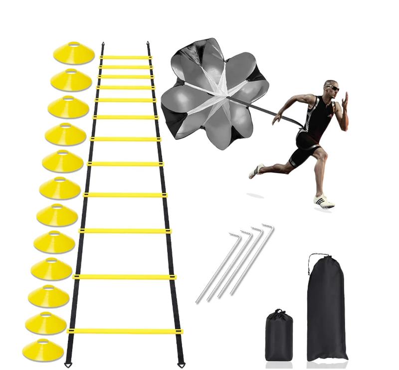 Speed Agility Ladder Training Set with 12 Rung 20Ft Adjustable Ladder, Disc Cones, Steel Stakes, and Resistance Parachute for Speed Training