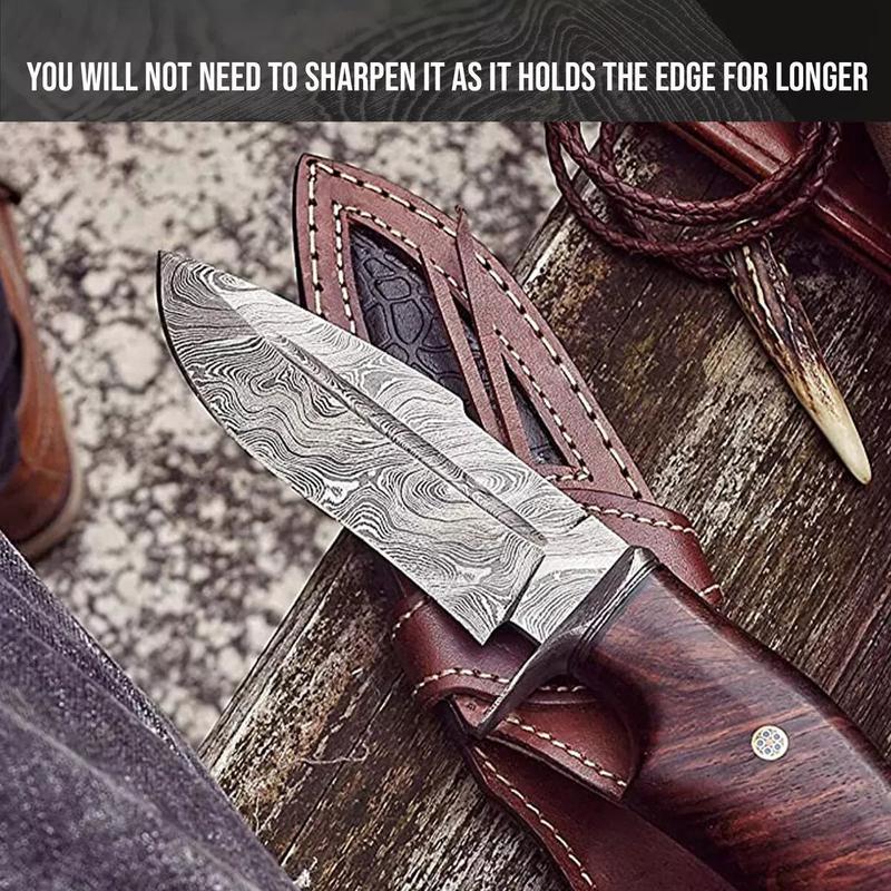 Care Expert 10 inch Real Damascus Steel Steak Knife with Leather Sheath Viking Outdoor Chef Kitchen Knife Camping Hunting knife butcher knife