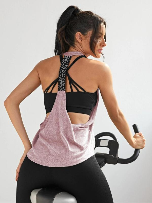 Women's Geometric Patchwork Backless Sports Vest, Sporty U Neck Sleeveless Tank Top for Yoga Gym Workout, Ladies Sportswear Clothing for Summer