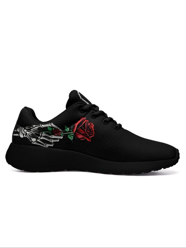 Women's Rose Skull Hand Bone Print Low Top Sneakers, Sports Running Shoes, Slip Resistant, Shock Absorbing, Breathable, Available in Large Size