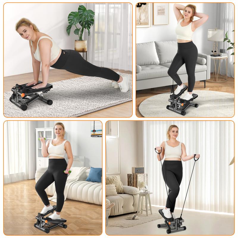 Home Workout Mini Stepper with Resistance Bands & LCD Monitor, Hydraulic Fitness Machine Supports Up to 330LBS for Full Body Exercise