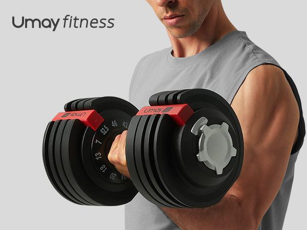 UMAY Fitness 12 Level Adjustable Dumbbells Set,52.5 LB Dumbbells Set,3-IN-1 Set Work As 12 Level Dumbbells Kettlebells Barbells,Home Gym Weights