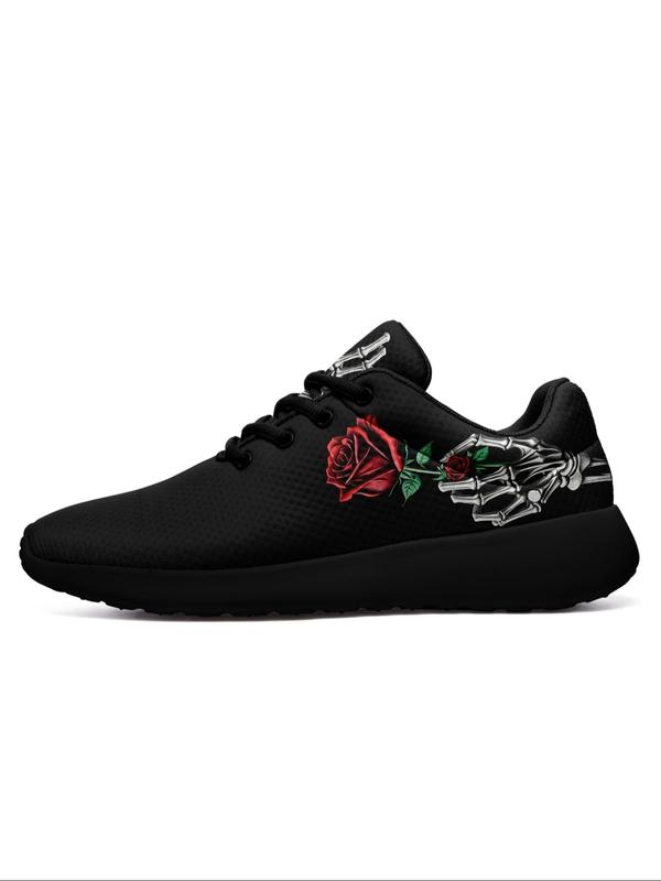 Women's Rose Skull Hand Bone Print Low Top Sneakers, Sports Running Shoes, Slip Resistant, Shock Absorbing, Breathable, Available in Large Size