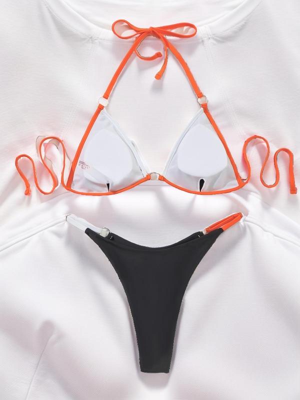 Women's Contrast Binding Ring Linked Summer Bikinis Set, Casual Halter Tie Back Triangle Swim Bra & Swim Thong,  Swimsuit for Women, Summer Outfits, Ladies Summer Swimsuit