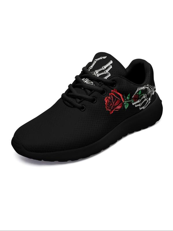 Women's Rose Skull Hand Bone Print Low Top Sneakers, Sports Running Shoes, Slip Resistant, Shock Absorbing, Breathable, Available in Large Size