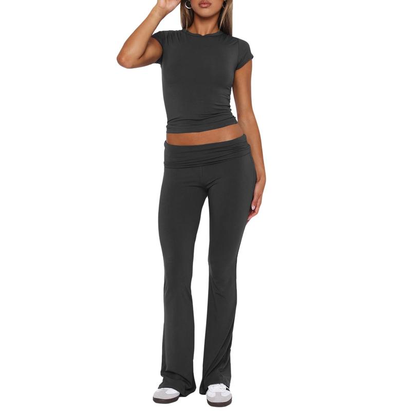 Women Basic Two Piece Outfits Y2k Short Sleeve Crop Top and Fold Over Flare Pants SetLounge Yoga Tracksuit