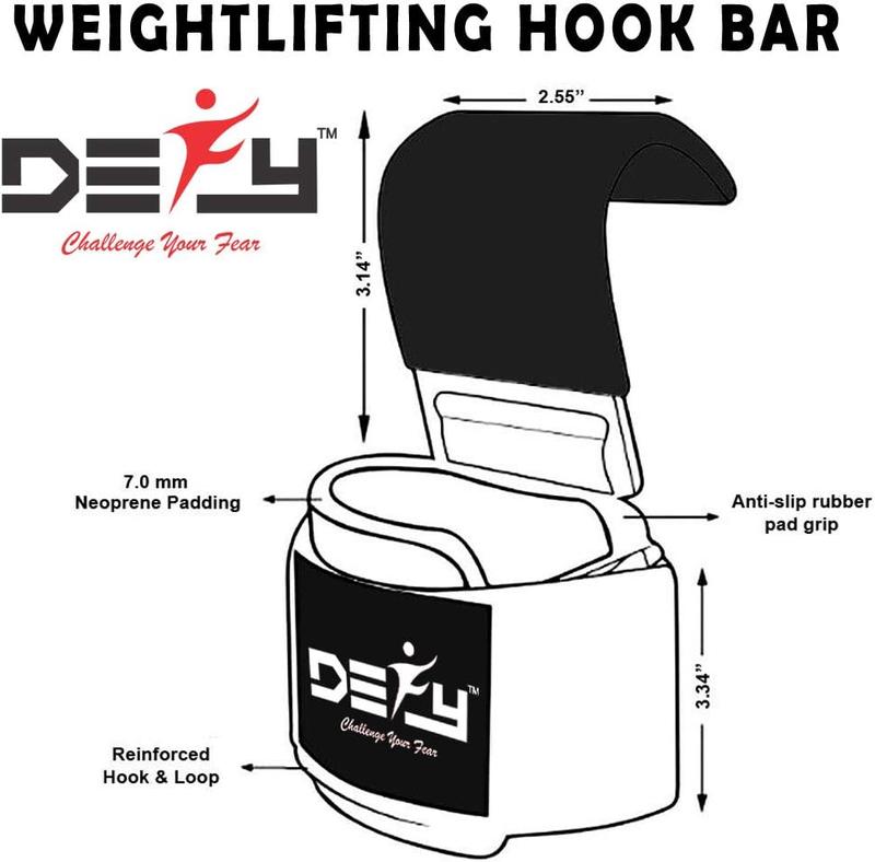 DEFY Challenge Your Fear Weight Lifting Hooks Heavy Duty Lifting Wrist Straps for Pull-ups Thick Padded Neoprene, Double Stitching, Non-Slip Resistant Coating