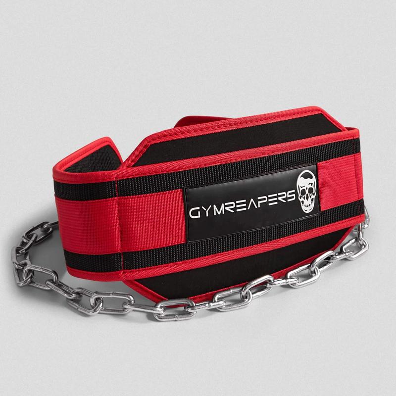 GYMREAPERS Dip Belt with Back Support and Heavy-Duty Steel Chain for Weighted Dips, Chin-Ups, and Pull-Ups - Red