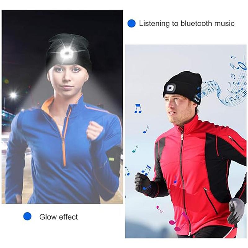 Acrylic Knit Beanie with USB Rechargeable Headlamp & Wireless Headphones,Elastic Lightweight Music Hat with Built-in Speaker Mic,Unisex Audio Cap for Outdoor Activities