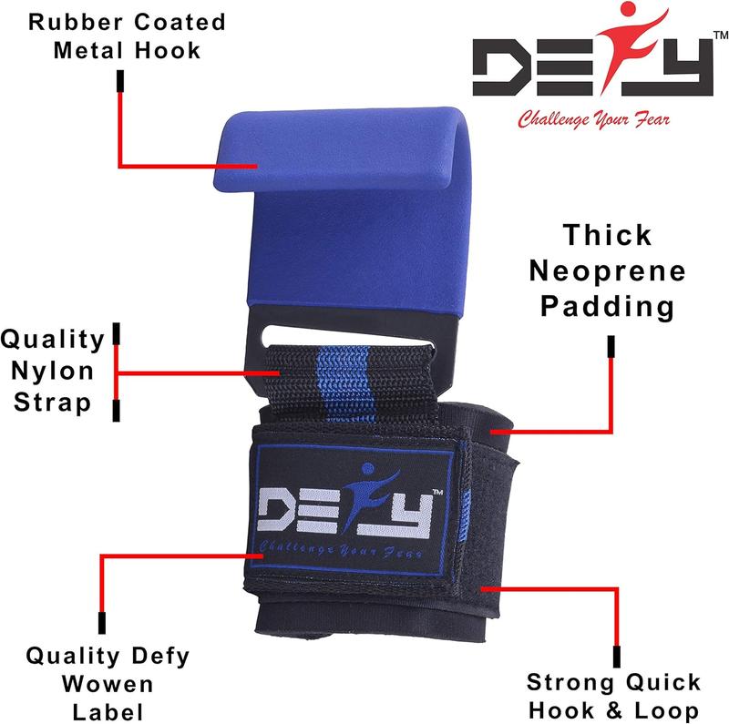 DEFY Challenge Your Fear Weight Lifting Hooks Heavy Duty Lifting Wrist Straps for Pull-ups Thick Padded Neoprene, Double Stitching, Non-Slip Resistant Coating