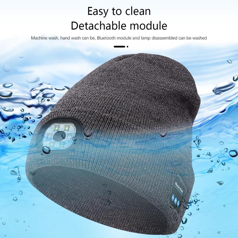 Acrylic Knit Beanie with USB Rechargeable Headlamp & Wireless Headphones,Elastic Lightweight Music Hat with Built-in Speaker Mic,Unisex Audio Cap for Outdoor Activities