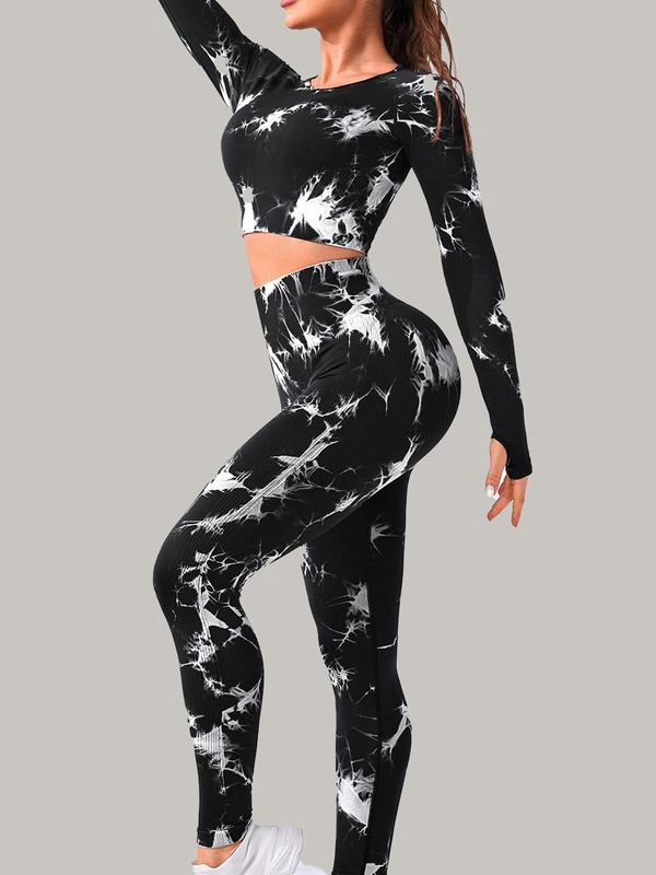 Women's Tie Dye Print Sports Set, Long Sleeve Crop Top & High Waist Leggings, Sportswear Set for Yoga Gym Workout