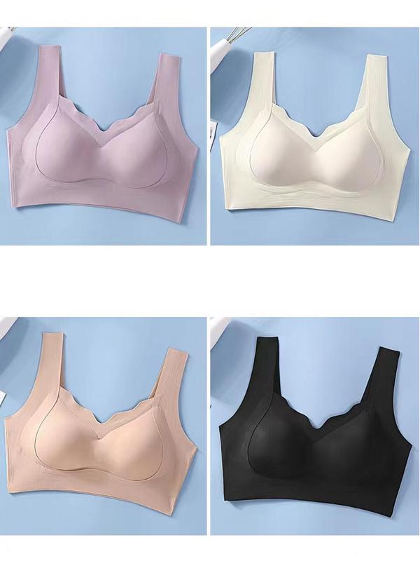 Women's Solid Color Scallop Trim Wireless Sports Bra, Soft Comfy Breathable Seamless Bra, Women's Lingerie for All Seasons