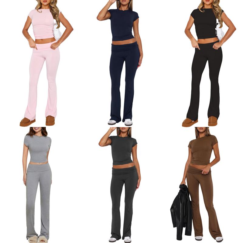 Women Basic Two Piece Outfits Y2k Short Sleeve Crop Top and Fold Over Flare Pants SetLounge Yoga Tracksuit