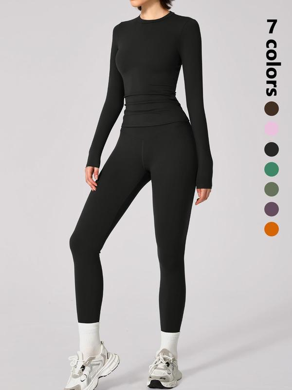 Sporty Women's Solid Color Long Sleeve Tee & High Waist Leggings Sportswear Set, Sports Round Neck Top & Skinny Pants Two-Piece Outfits for Gym Workout Running, Ladies Sportswear for Fall & Winter