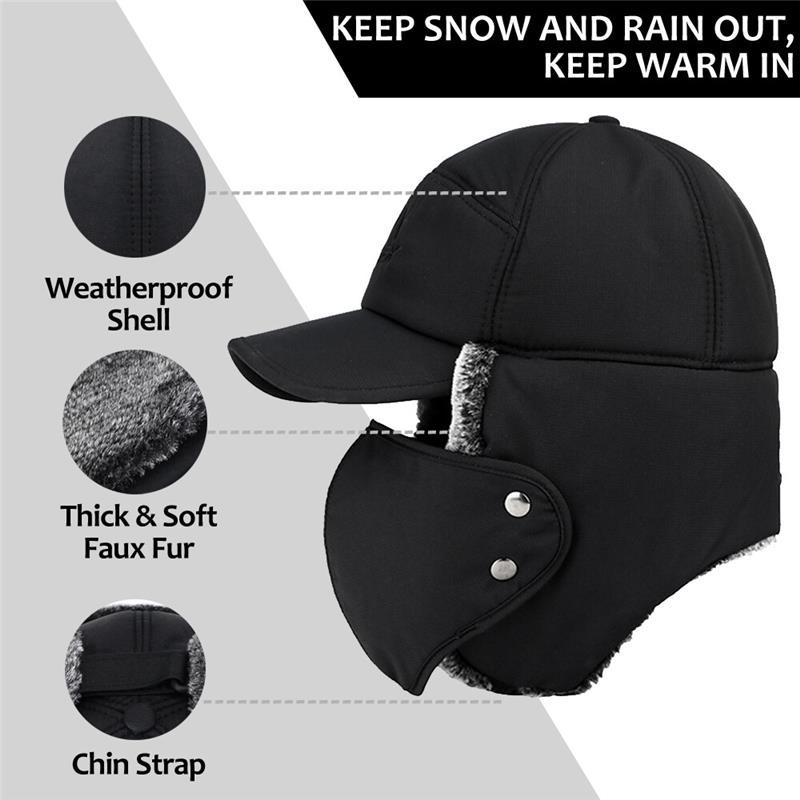 Men Winter Ear Flap Trapper Hat Face Mask Fur Aviator Thermal Warm Snow Ski Cap, ski mask Windproof