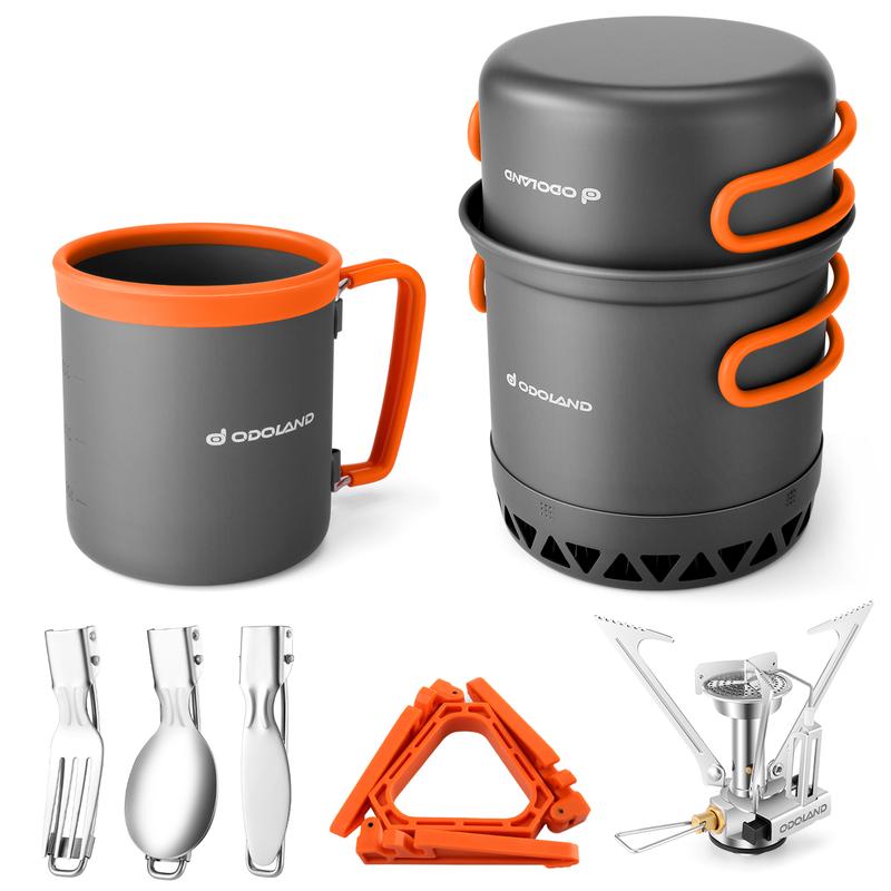 Odoland Camping Pots with Heat Exchanger Camping Cooking Set with Portable Camping Stove Camping Mess Kit Include Mug, Folding Utensil Set, Canister Stabilizer for Backpacking Outdoor Hiking & Picnic [Fuel not included]