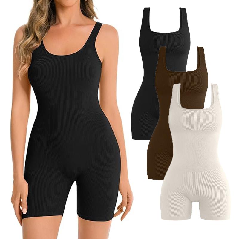 Women's Jumpsuits Seamless Ribbed Square Neck One Piece Yoga Workout Sleeveless Rompers Sexy Tank Top Shorts flexible trunks