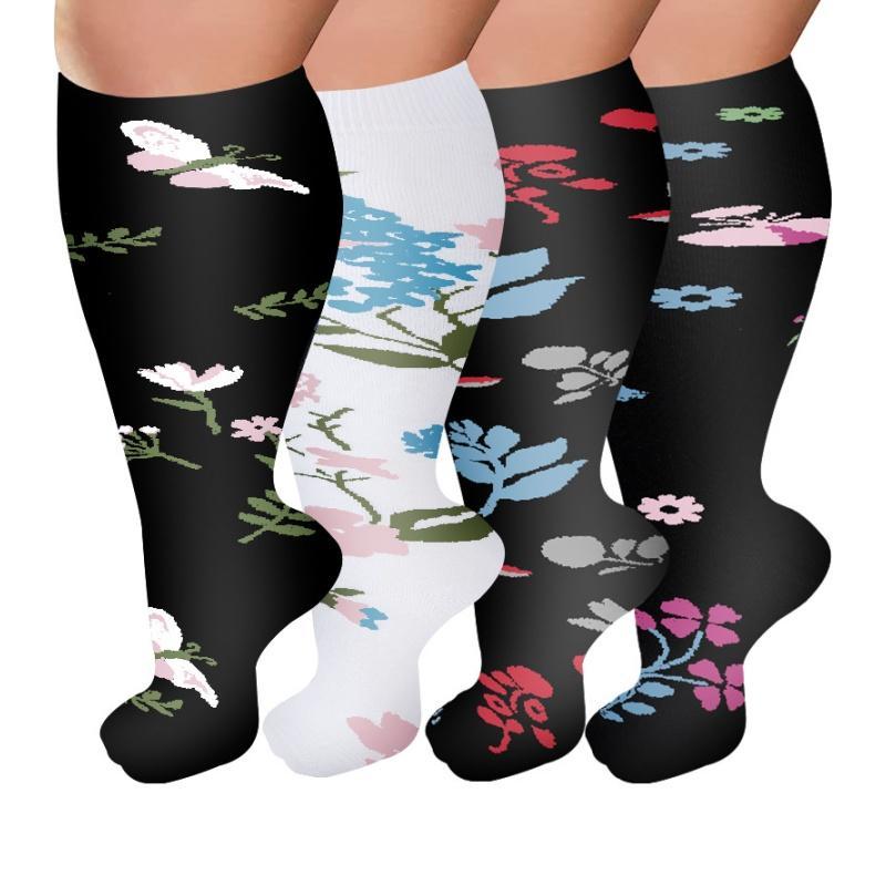 Flower Print Compression Socks, 4 Pairs Plus Size Knee High Compression Socks, Best Support for Sports Running, Hiking, Christmas Gift