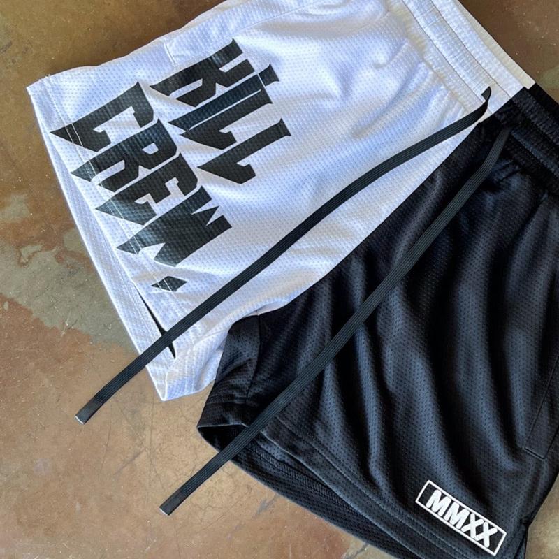 [Kill Crew] Muay Thai Shorts 2 Tone - Black   White, Unisex, Mid Thigh Cut, Pockets, Gym Shorts, Elastic Waistband, Long drawcord with wax tips