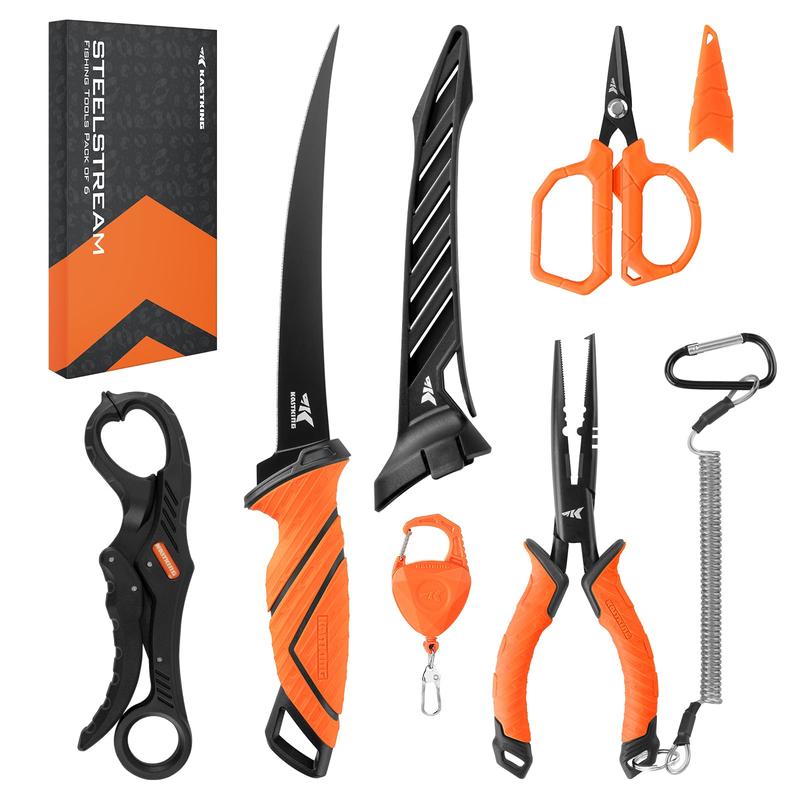 KastKing SteelStream 6pc Fishing Tool Kit - Corrosion Resistant Fishing Pliers with Lanyard, Fillet Knife, Floating Fish Lip Gripper, Fishing Braid Scissors, Tool Retractor, Fishing Gifts for Men