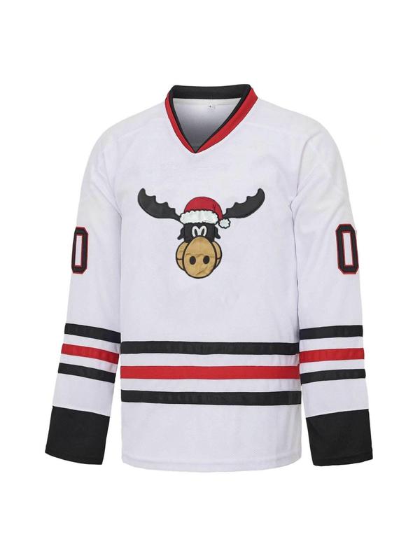 Men's Letter & Moose & Figure Embroidery V Neck Sports Top, Sporty Loose Long Sleeve Hockey Jersey for All Seasons, Men's Sportswear for Training