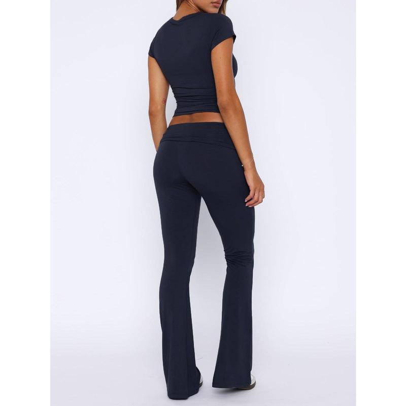 Women Basic Two Piece Outfits Y2k Short Sleeve Crop Top and Fold Over Flare Pants SetLounge Yoga Tracksuit