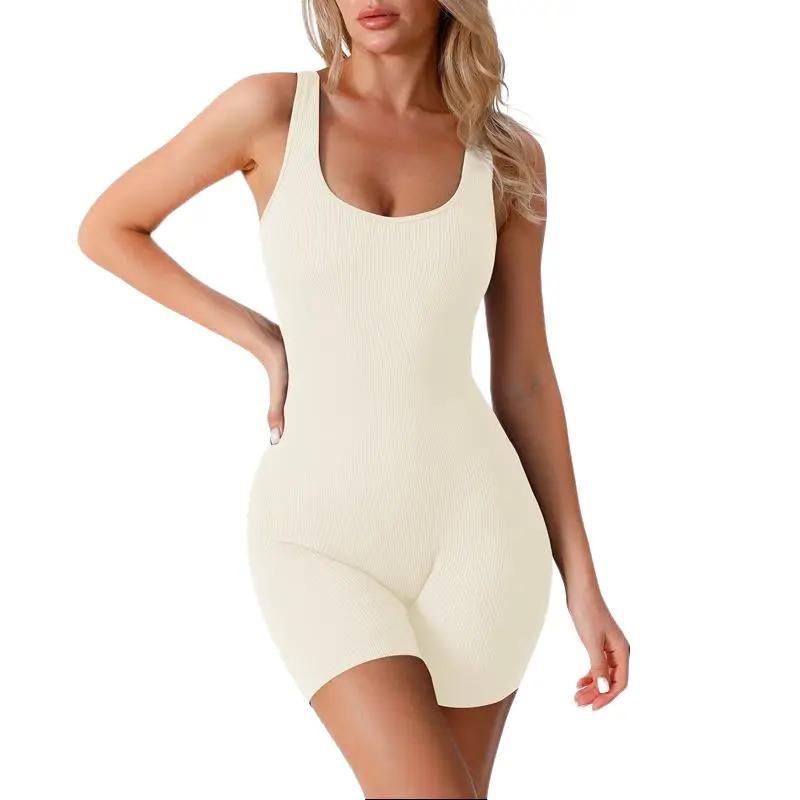 Women's Jumpsuits Seamless Ribbed Square Neck One Piece Yoga Workout Sleeveless Rompers Sexy Tank Top Shorts flexible trunks