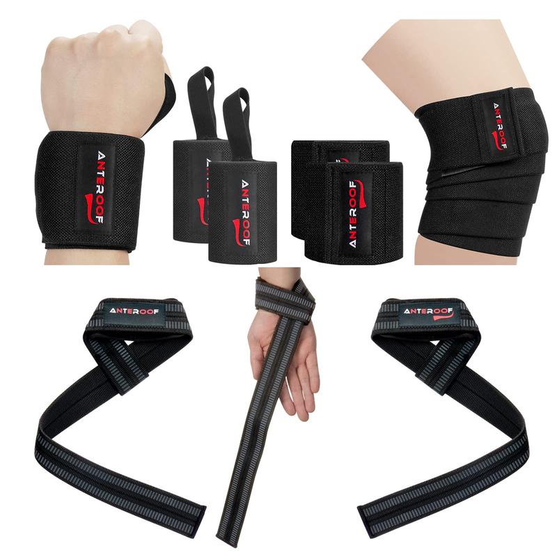 Strength Training Kit: Knee Wraps, Wrist Wraps, and Lifting Straps Set (3 Pairs) - Ultimate Protection for Weightlifting, Bodybuilding, and Fitness Workouts Black