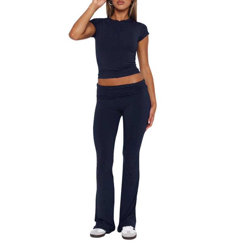 Women Basic Two Piece Outfits Y2k Short Sleeve Crop Top and Fold Over Flare Pants SetLounge Yoga Tracksuit