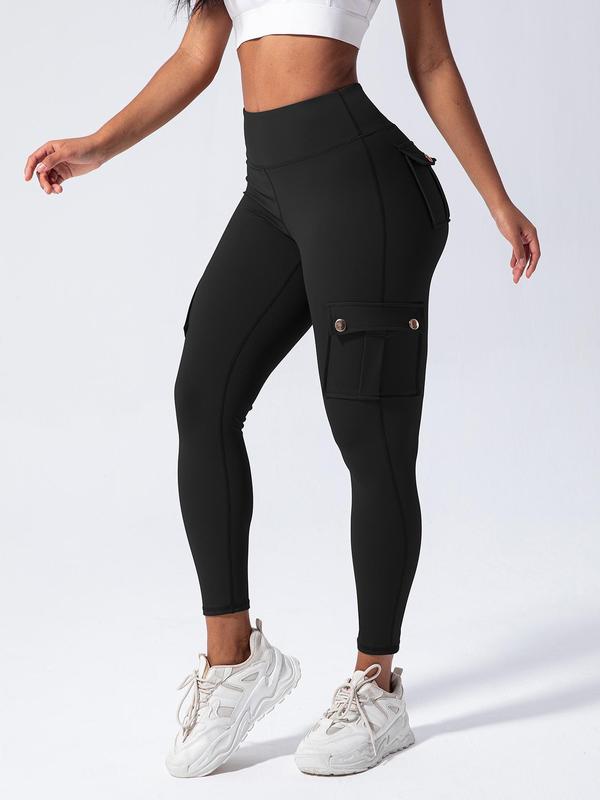 Women's Solid High Waist Pocket Sports Leggings, Casual Comfy Breathable Skinny Pants for Yoga Gym Workout Running, Ladies Sportswear for Fall & Winter, Winter Clothes Women