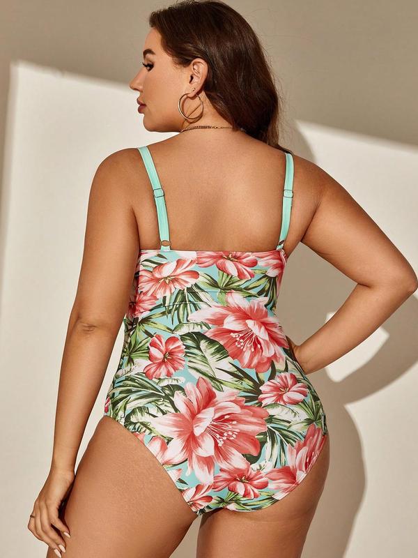 Plus Size Colorblock Floral Print Criss Cross Knotted One-piece Swimsuit, Women's Swimsuit for Beach Vacation Holiday, Swimsuit for Women, Bathing Suits for Women, Women's Clothing, Summer Outfits 2024