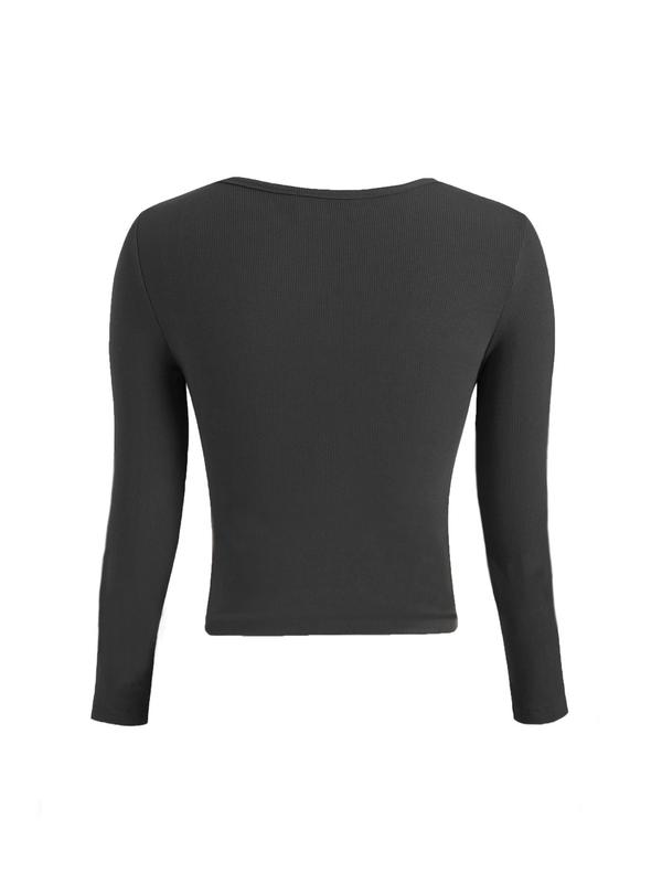 Women's Solid Long Sleeve Ribbed Crop Sports Tee, Sporty Comfy Breathable Tight-fitting T-shirt for Yoga Gym Workout, Ladies Sportswear for Fall & Winter