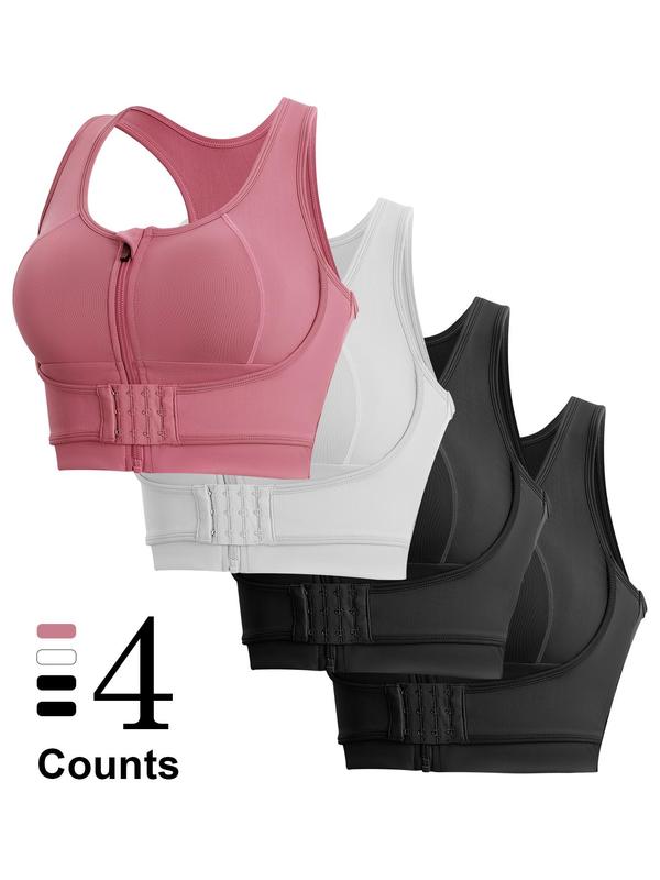 Women's Solid Zipper Front Sports Bra, Sporty Breathable Comfortable High Stretch Bra, Ladies Sportswear Clothes for Yoga Gym Workout