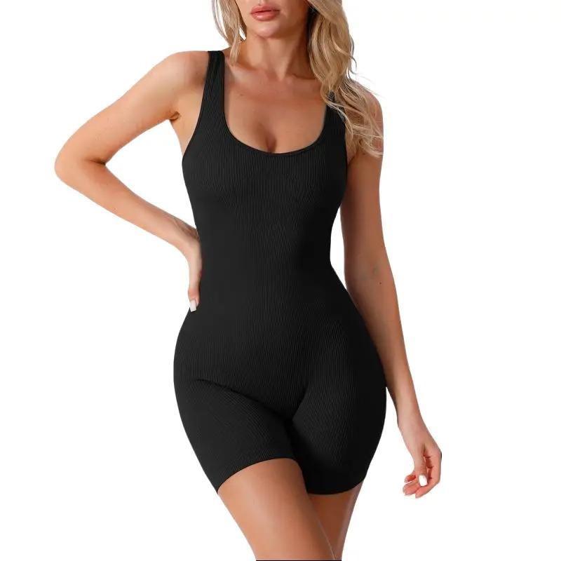 Women's Jumpsuits Seamless Ribbed Square Neck One Piece Yoga Workout Sleeveless Rompers Sexy Tank Top Shorts flexible trunks