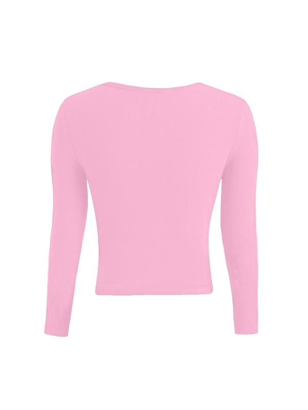 Women's Solid Long Sleeve Ribbed Crop Sports Tee, Sporty Comfy Breathable Tight-fitting T-shirt for Yoga Gym Workout, Ladies Sportswear for Fall & Winter