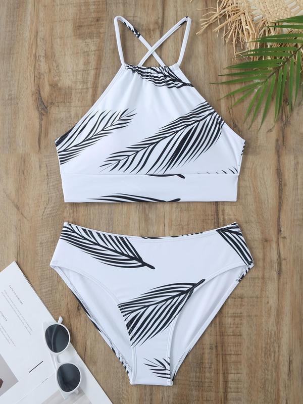 Women's Leaf Print Padded Swimsuit Set, Casual Criss Cross Swim Bra & Bow Decor Cover Up Skirt & Swim Panty, Boho Swimwear Set for Beach Holiday