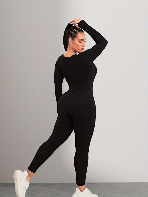 Plus Size Basic Solid Long Sleeve Square Neck Sports Jumpsuit, Sporty High Stretch Seamless Jumpsuit for Yoga Gym Workout,  Jumpsuit for Women, Women's Sport Outdoor Clothing, Tummy Control