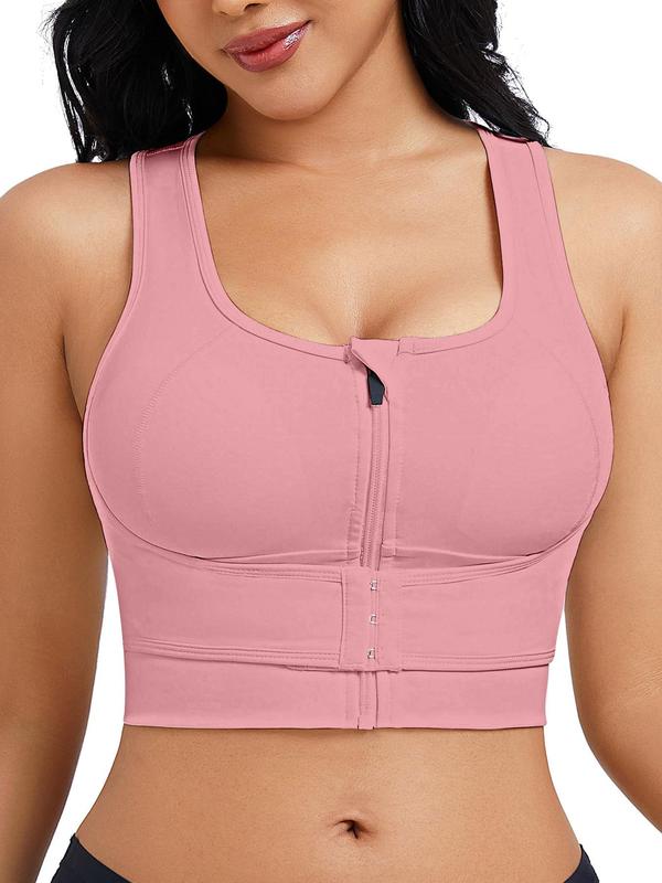 Women's Solid Zipper Front Sports Bra, Sporty Breathable Comfortable High Stretch Bra, Ladies Sportswear Clothes for Yoga Gym Workout