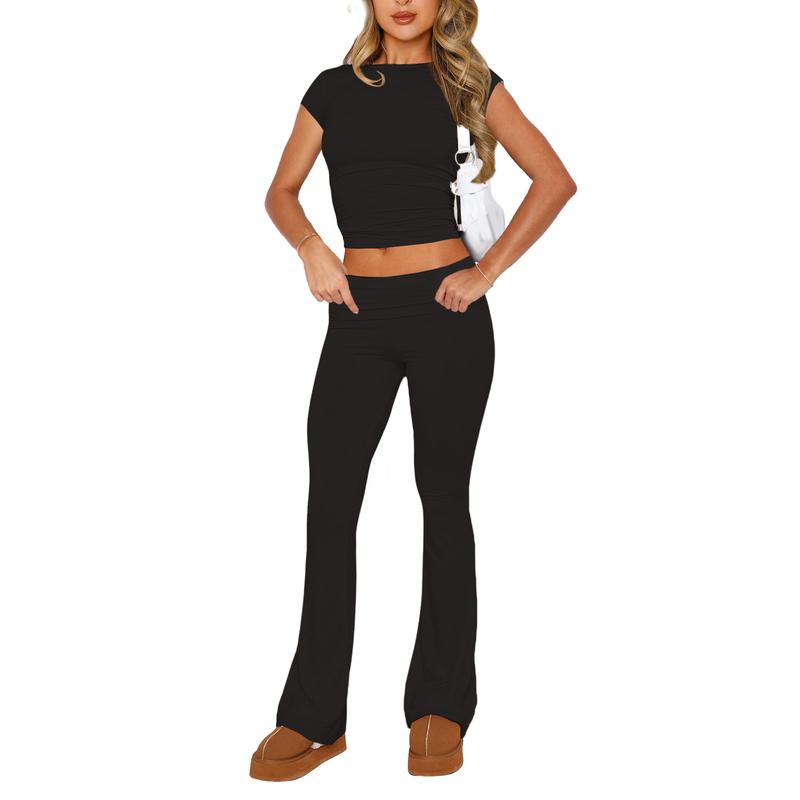 Women Basic Two Piece Outfits Y2k Short Sleeve Crop Top and Fold Over Flare Pants SetLounge Yoga Tracksuit