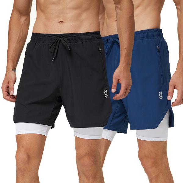 2 Pack 2 in 1 Mens Running Shorts quick drying Workout Gym Shorts Lightweight Sport Athletic Shorts with Zipper Pocket Compression Base Liner Training Bodybuilding Short